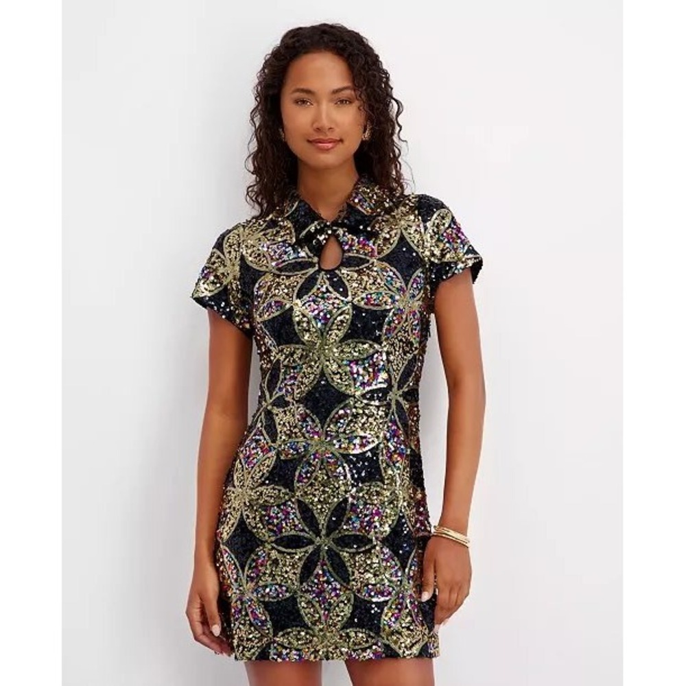 Kensie Women Sequin Floral Keyhole Mini Dress Black Gold Multicolor Size 2 NEW